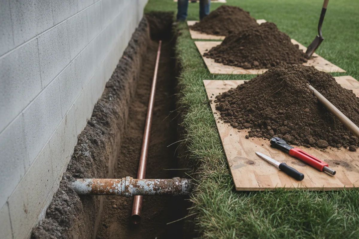 Excavated water line trench during Sewer Line Repair in Salado
